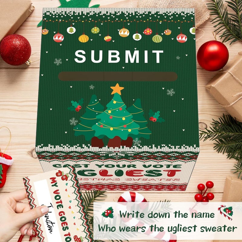 CINSOEN Christmas Ugly Sweater Contest Ballot Card Box, Decorative Christmas Voting Card Box Set with 50 Ballot Voting Cards, Cast Votes for Ugliest Sweater Holiday Xmas Games Party Decorations - Image 2